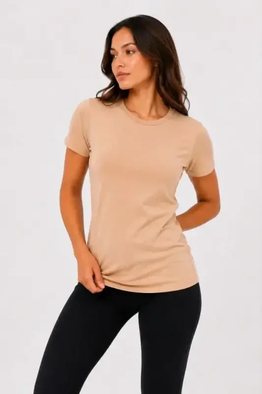 Basic Tişört Bisiklet Yaka Kısa Kol Günlük Yazlık Slim Fit T-Shirt - Bej - 2