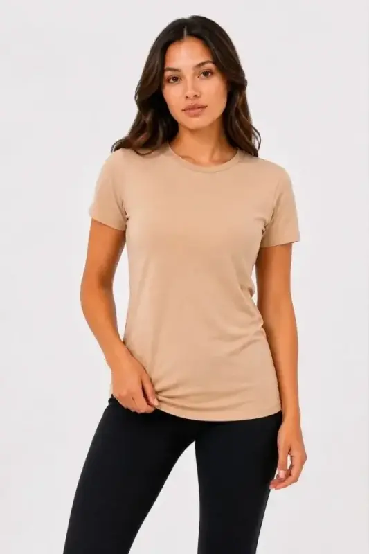 Basic Tişört Bisiklet Yaka Kısa Kol Günlük Yazlık Slim Fit T-Shirt - Bej - 3