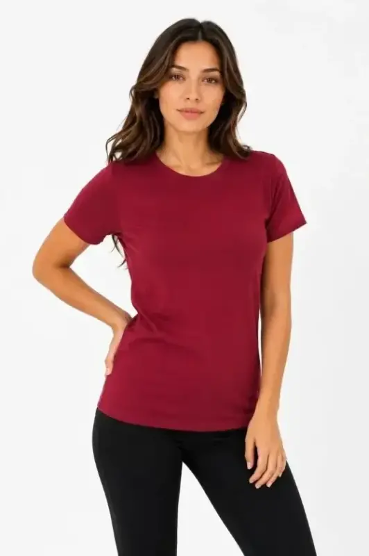 Basic Tişört Bisiklet Yaka Kısa Kol Günlük Yazlık Slim Fit T-Shirt - Bordo - 1
