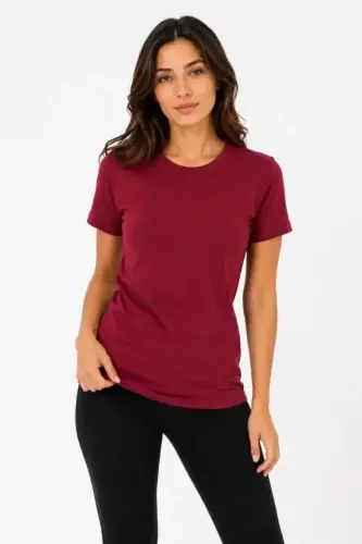 Basic Tişört Bisiklet Yaka Kısa Kol Günlük Yazlık Slim Fit T-Shirt - Bordo - 3
