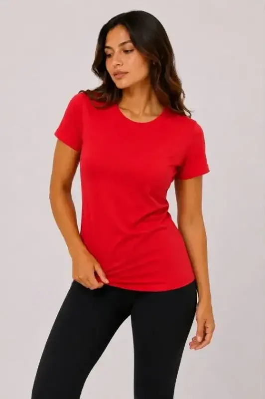 Basic Tişört Bisiklet Yaka Kısa Kol Günlük Yazlık Slim Fit T-Shirt - Kırmızı - 1