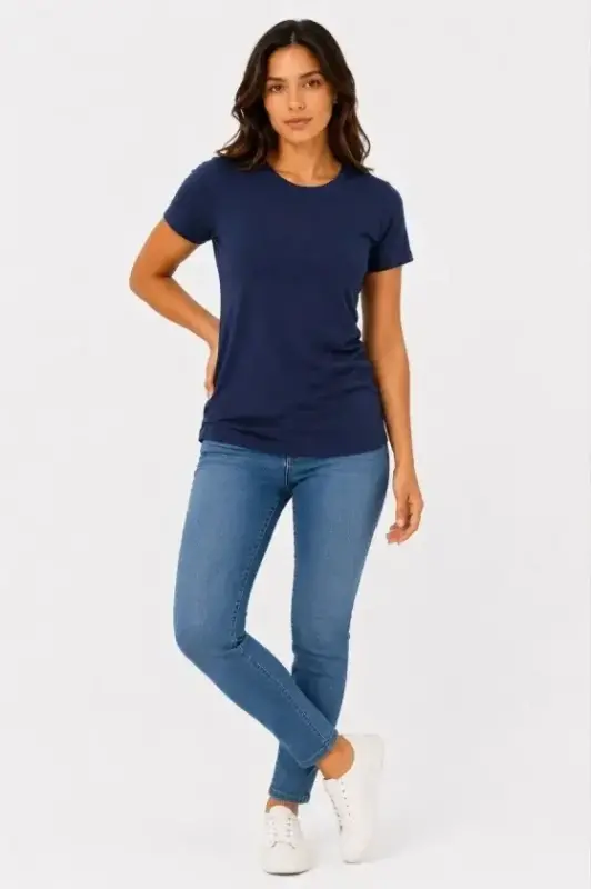 Basic Tişört Bisiklet Yaka Kısa Kol Günlük Yazlık Slim Fit T-Shirt - Lacivert - BÜYÜKBEDENIZ