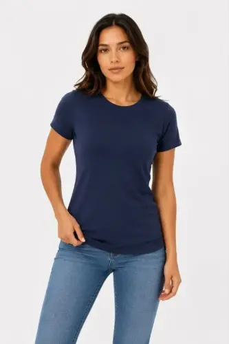 Basic Tişört Bisiklet Yaka Kısa Kol Günlük Yazlık Slim Fit T-Shirt - Lacivert - BÜYÜKBEDENIZ (1)