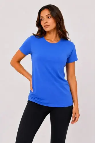 Basic Tişört Bisiklet Yaka Kısa Kol Günlük Yazlık Slim Fit T-Shirt - Mavi - BÜYÜKBEDENIZ (1)