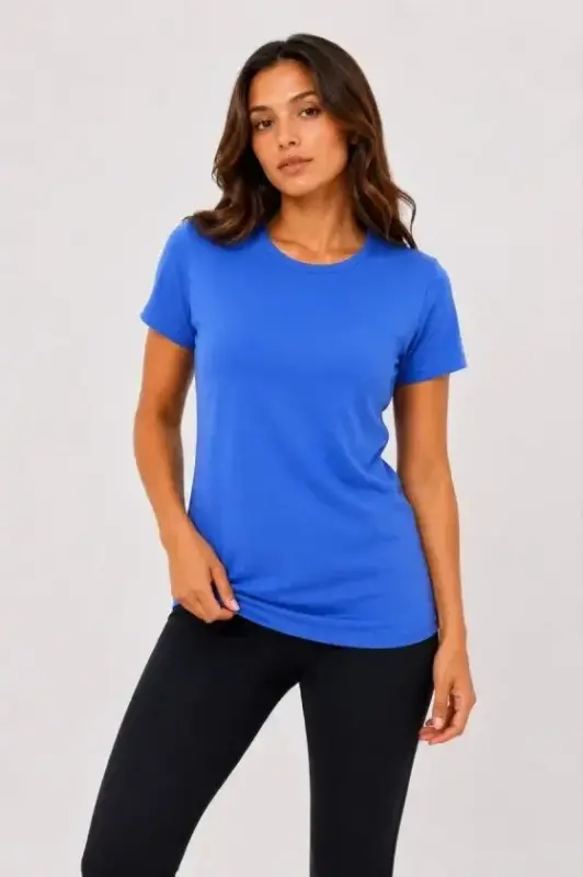 Basic Tişört Bisiklet Yaka Kısa Kol Günlük Yazlık Slim Fit T-Shirt - Mavi - 1