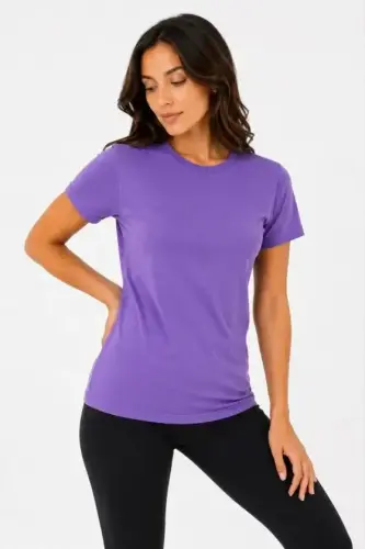 Basic Tişört Bisiklet Yaka Kısa Kol Günlük Yazlık Slim Fit T-Shirt - Mor - 1