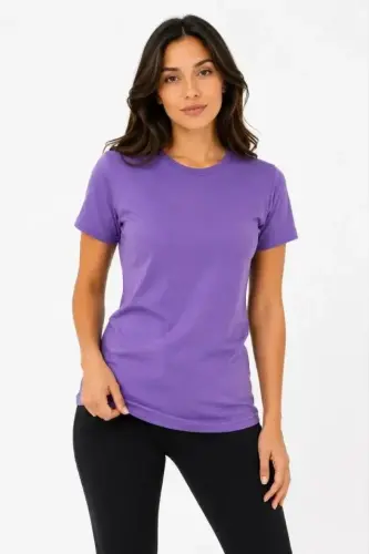 Basic Tişört Bisiklet Yaka Kısa Kol Günlük Yazlık Slim Fit T-Shirt - Mor - 3