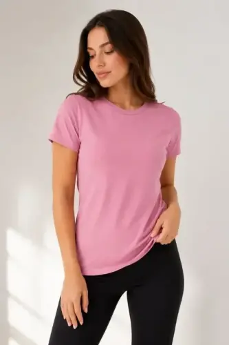 Basic Tişört Bisiklet Yaka Kısa Kol Günlük Yazlık Slim Fit T-Shirt - Pembe - 1