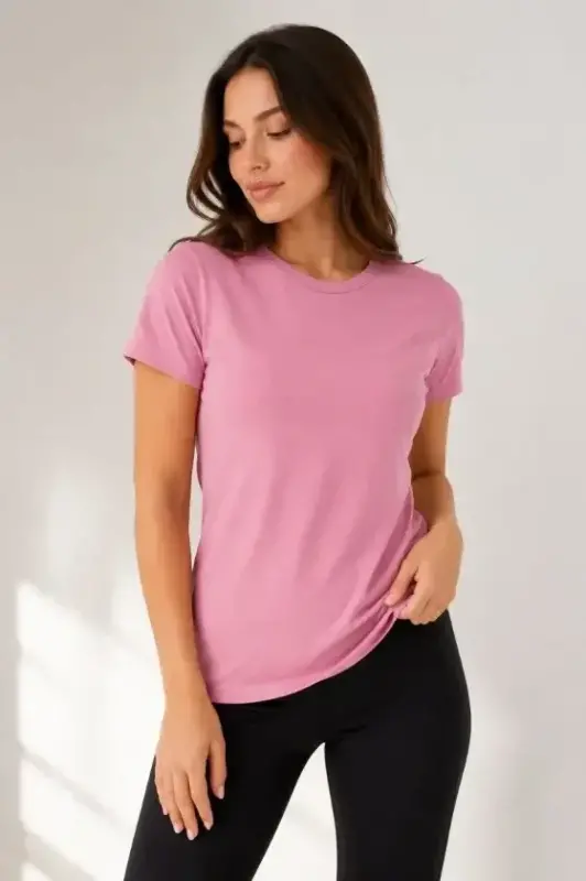 Basic Tişört Bisiklet Yaka Kısa Kol Günlük Yazlık Slim Fit T-Shirt - Pembe - 1