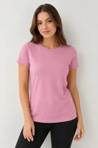Basic Tişört Bisiklet Yaka Kısa Kol Günlük Yazlık Slim Fit T-Shirt - Pembe - 3
