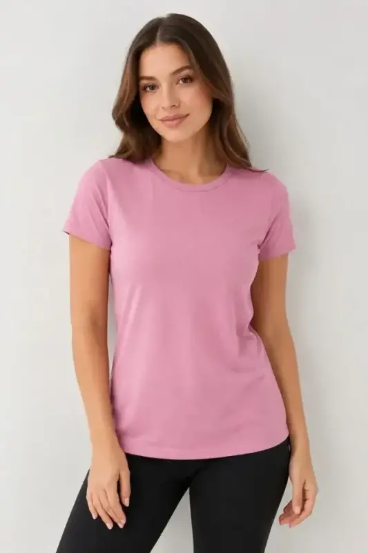 Basic Tişört Bisiklet Yaka Kısa Kol Günlük Yazlık Slim Fit T-Shirt - Pembe - 3