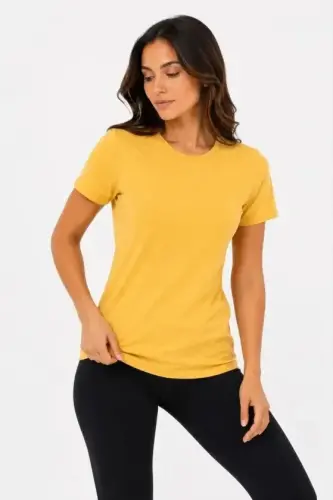 Basic Tişört Bisiklet Yaka Kısa Kol Günlük Yazlık Slim Fit T-Shirt - Sarı - 1