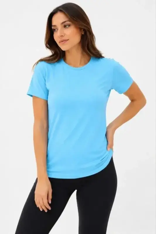 Basic Tişört Bisiklet Yaka Kısa Kol Günlük Yazlık Slim Fit T-Shirt - Turkuaz - BÜYÜKBEDENIZ