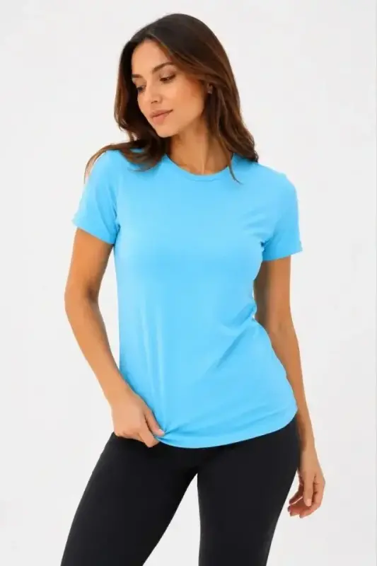 Basic Tişört Bisiklet Yaka Kısa Kol Günlük Yazlık Slim Fit T-Shirt - Turkuaz - 2