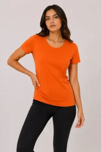 Basic Tişört Bisiklet Yaka Kısa Kol Günlük Yazlık Slim Fit T-Shirt - Turuncu - 1