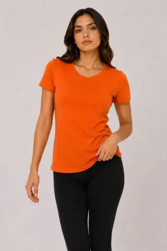 Basic Tişört Bisiklet Yaka Kısa Kol Günlük Yazlık Slim Fit T-Shirt - Turuncu - BÜYÜKBEDENIZ (1)