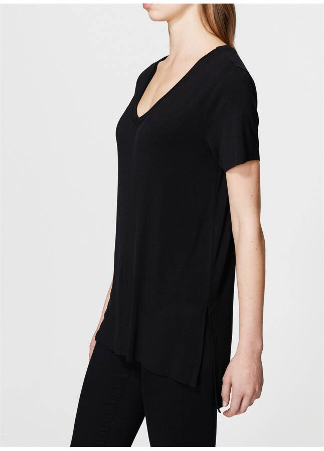 BASIC V NECK TOP B - Movi V bo'yinli tek rangli qora ayollar T-ko'ylagi - 12