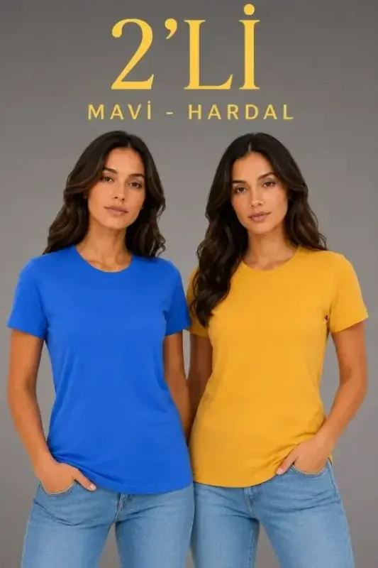 Basic Yumaloq Yoqa Yozgi Slim Fit T-Shirt - Ko'k - Xantal Sariq - 1