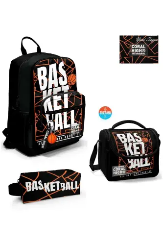 Basketball line Patterned 3-piece SET School Backpack - black and orange - 1