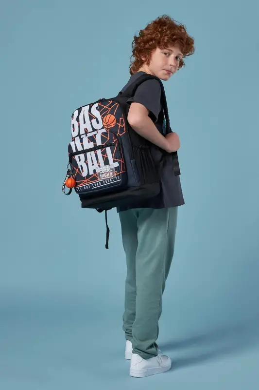 Basketball line Patterned 3-piece SET School Backpack - black and orange - 3