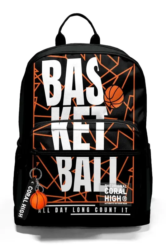 Basketball line Patterned 3-piece SET School Backpack - black and orange - 5