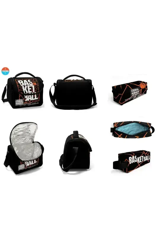 Basketball Line Patterned 3-piece SET School Backpack-blackorange - 7