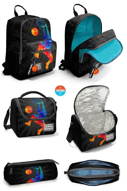 Basketball Slam Dunk Patterned 3-Piece SET School Backpack - blackslam - CORAL HIGH