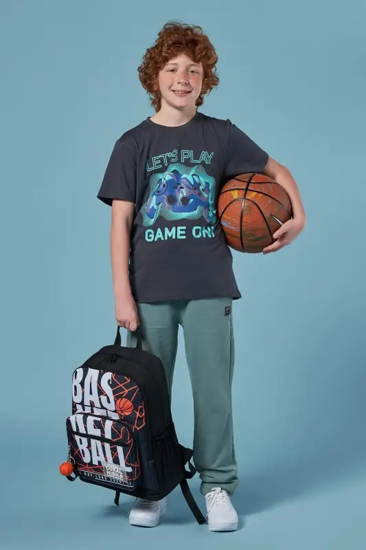 Basketbol chiziqli naqshli 3 talik SET Maktab yelka sumkasi - qora-to'q sari - 7