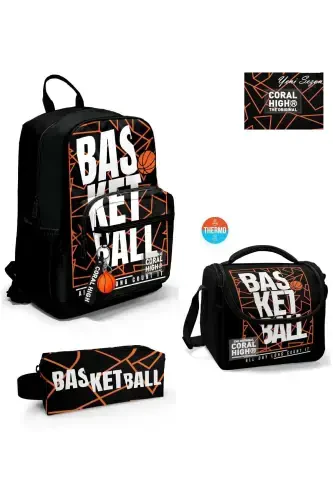 Basketbol chiziqli naqshli 3'lü SET maktab ryukzaki - qora to'q sariq - 1