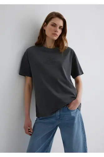 Baskılı Antrasit Tişört Loose Fit / Bol Rahat Kesim 1613141-70763 - Antrasit-70763 - 1