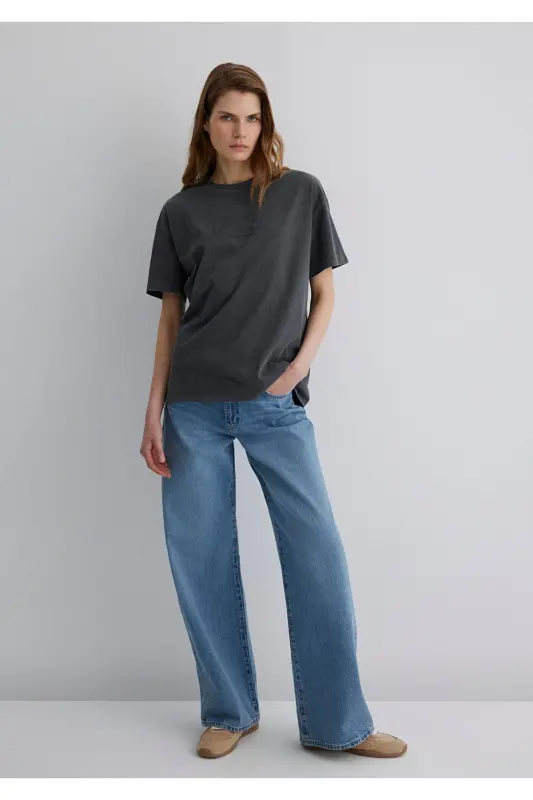 Baskılı Antrasit Tişört Loose Fit / Bol Rahat Kesim 1613141-70763 - Antrasit-70763 - 2