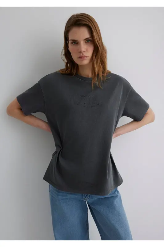 Baskılı Antrasit Tişört Loose Fit / Bol Rahat Kesim 1613141-70763 - Antrasit-70763 - 3