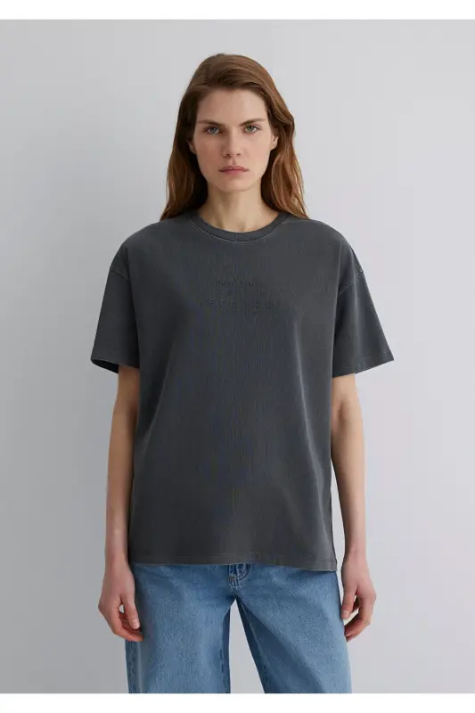 Baskılı Antrasit Tişört Loose Fit / Bol Rahat Kesim 1613141-70763 - Antrasit-70763 - 4