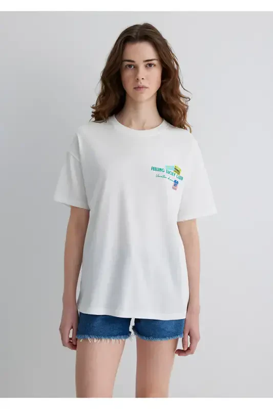 Baskılı Ekru Futbolka Keng Kesimli / Keng va Qulay Bichim 16 - 4