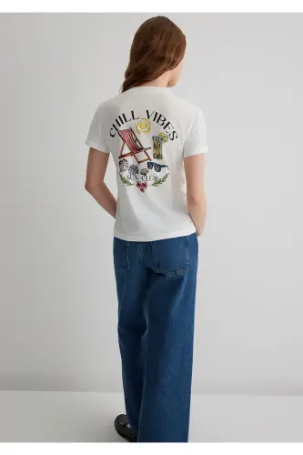 Baskılı Ekru Futbolka Yarim Slim Fit / Yarim Tor Kesim - 1