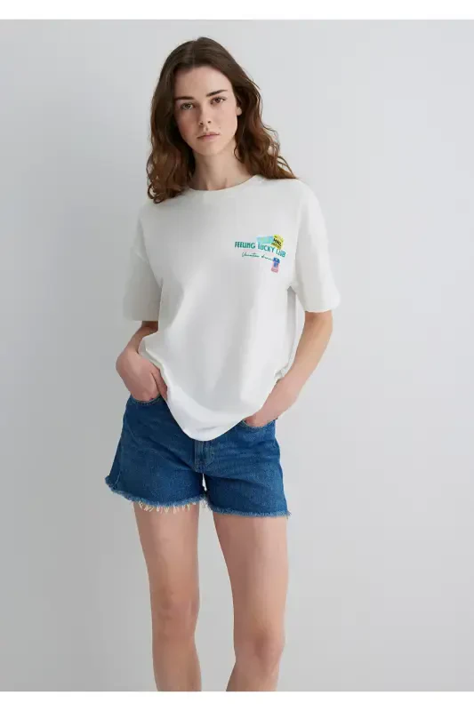 Baskılı Ekru Tişört Loose Fit / Bol Rahat Kesim 1613527-70057 - MAVI