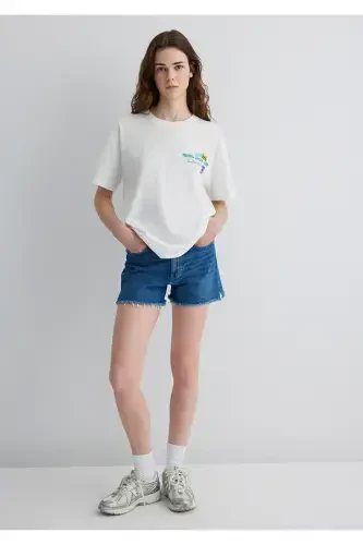 Baskılı Ekru Tişört Loose Fit / Bol Rahat Kesim 1613527-70057 - MAVI (1)