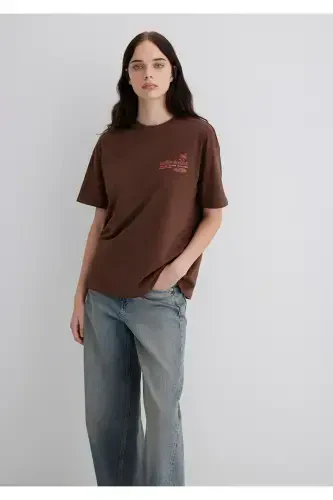 Baskılı Kahverengi Tişört Loose Fit / Bol Rahat Kesim 1613530-70242 - 3