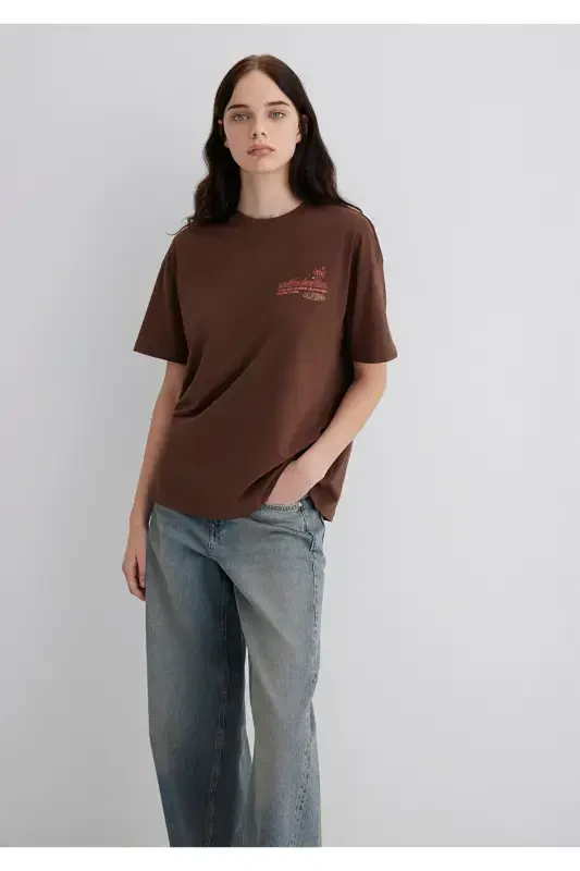 Baskılı Kahverengi Tişört Loose Fit / Bol Rahat Kesim 1613530-70242 - 3