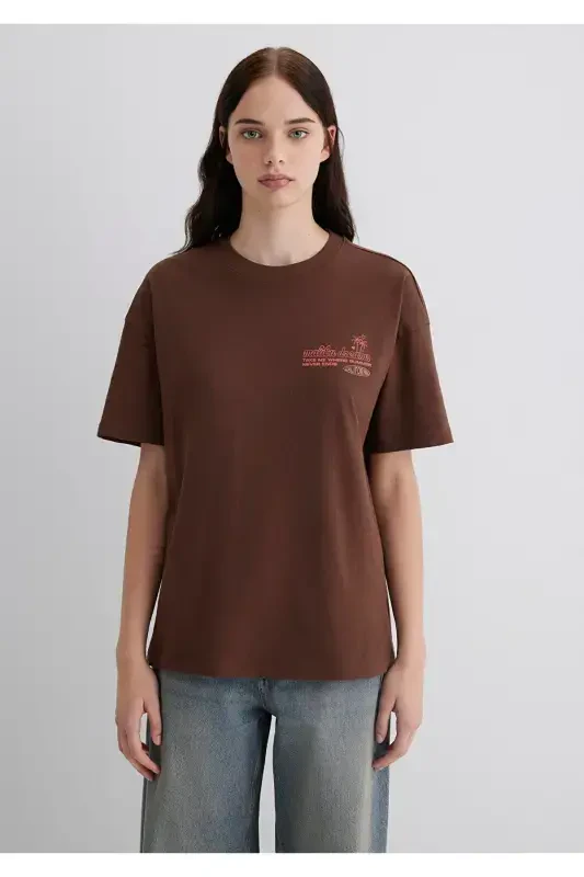Baskılı Kahverengi Tişört Loose Fit / Bol Rahat Kesim 1613530-70242 - 5