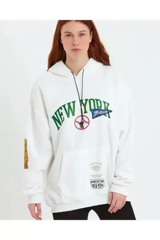 Baskılı Kapüşonlu Sweatshirt - Beyaz - BÜYÜKBEDENIZ