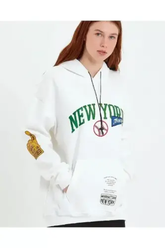 Baskılı Kapüşonlu Sweatshirt - Beyaz - BÜYÜKBEDENIZ (1)
