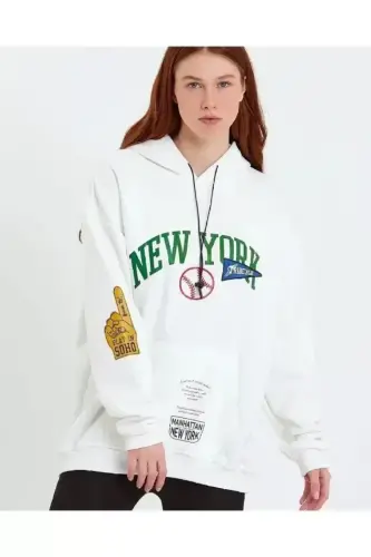 Baskılı Kapüşonlu Sweatshirt - Beyaz - 3