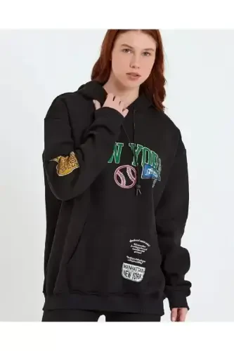 Baskılı Kapüşonlu Sweatshirt - Siyah - BÜYÜKBEDENIZ (1)