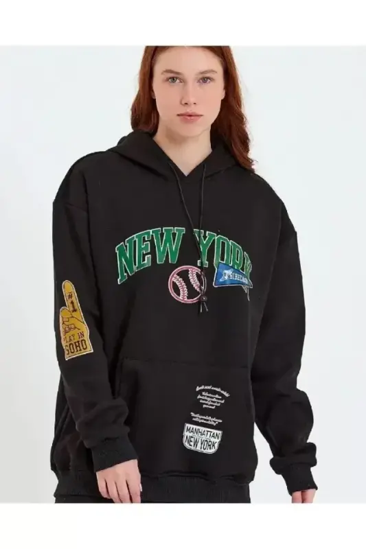 Baskılı Kapüşonlu Sweatshirt - Siyah - BÜYÜKBEDENIZ