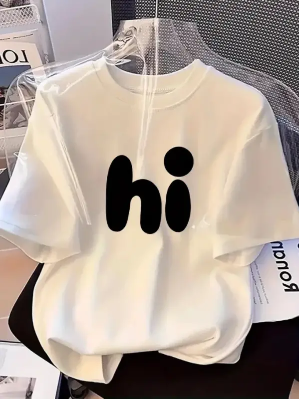 Baskılı Oversize Bisiklet Yaka T-shirt - Beyaz - BÜYÜKBEDENIZ