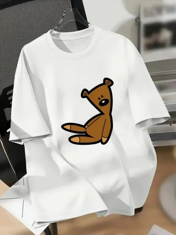 Baskılı Oversize Bisiklet Yaka T-shirt - Beyaz - BÜYÜKBEDENIZ