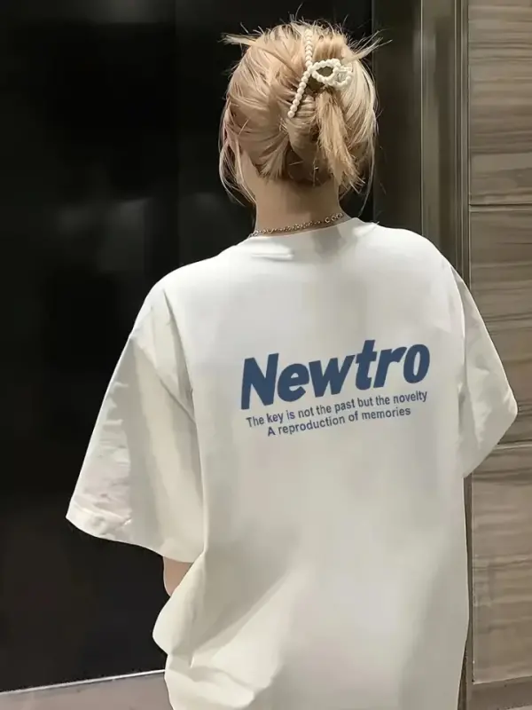 Baskılı Oversize Bisiklet Yaka T-shirt - Beyaz - 1
