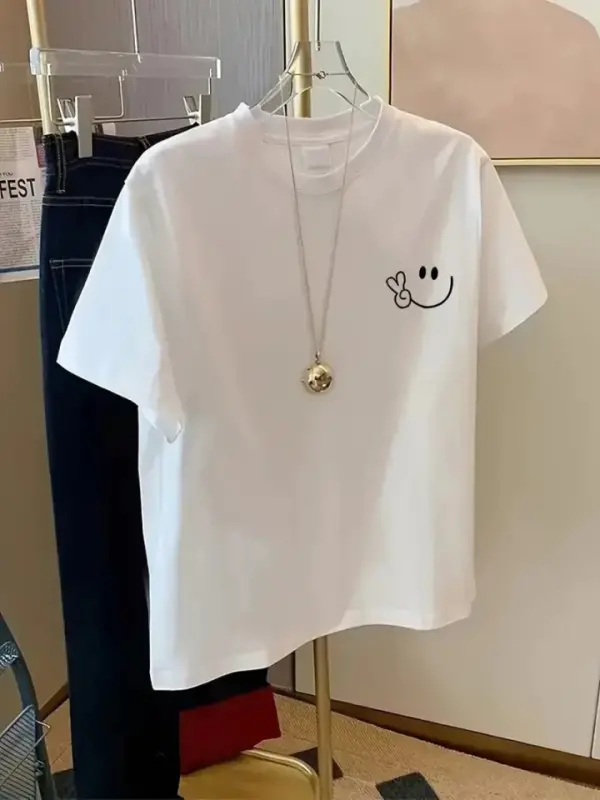 Baskılı Oversize Bisiklet Yaka T-shirt - Beyaz - BÜYÜKBEDENIZ
