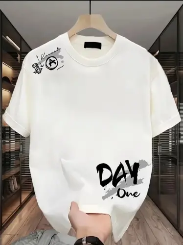 Baskılı Oversize Bisiklet Yaka T-shirt - Beyaz - 1